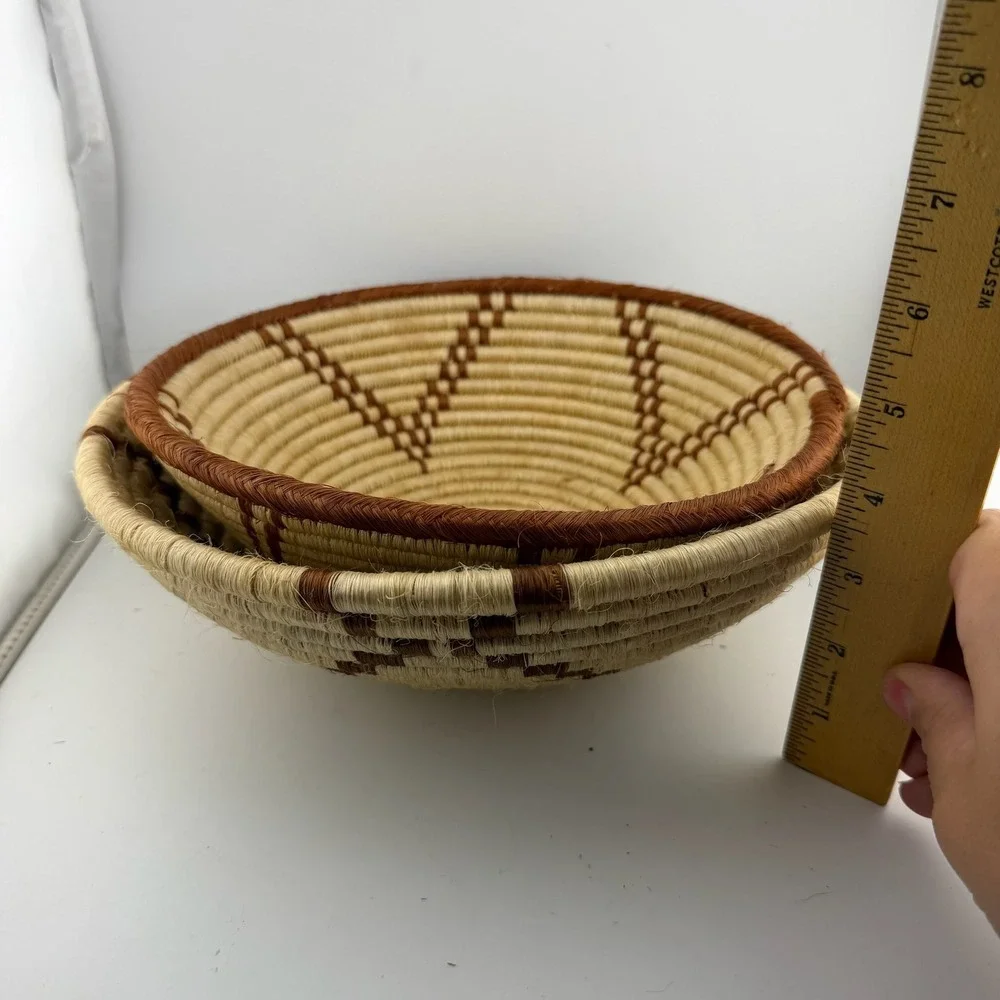 Beige Brown Woven Coil Nesting Baskets Geometric Set of 2